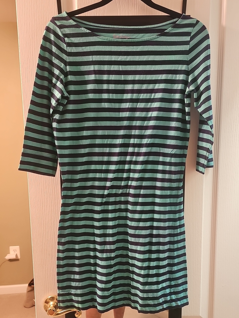 LILLY PULITZER GREEN/NAVY STRIPED Boatneck Dress 3/4 SLEEVES SM